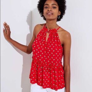 LOFT Women's Floral Peplum Halter Tank Size S Red Keyhole Sleeveless Flowy